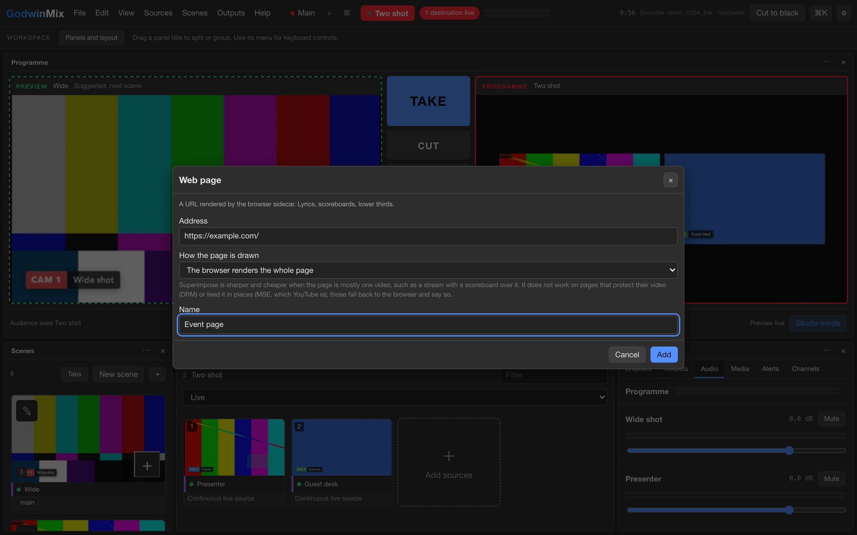 The Web page dialog, with an address box and a name box