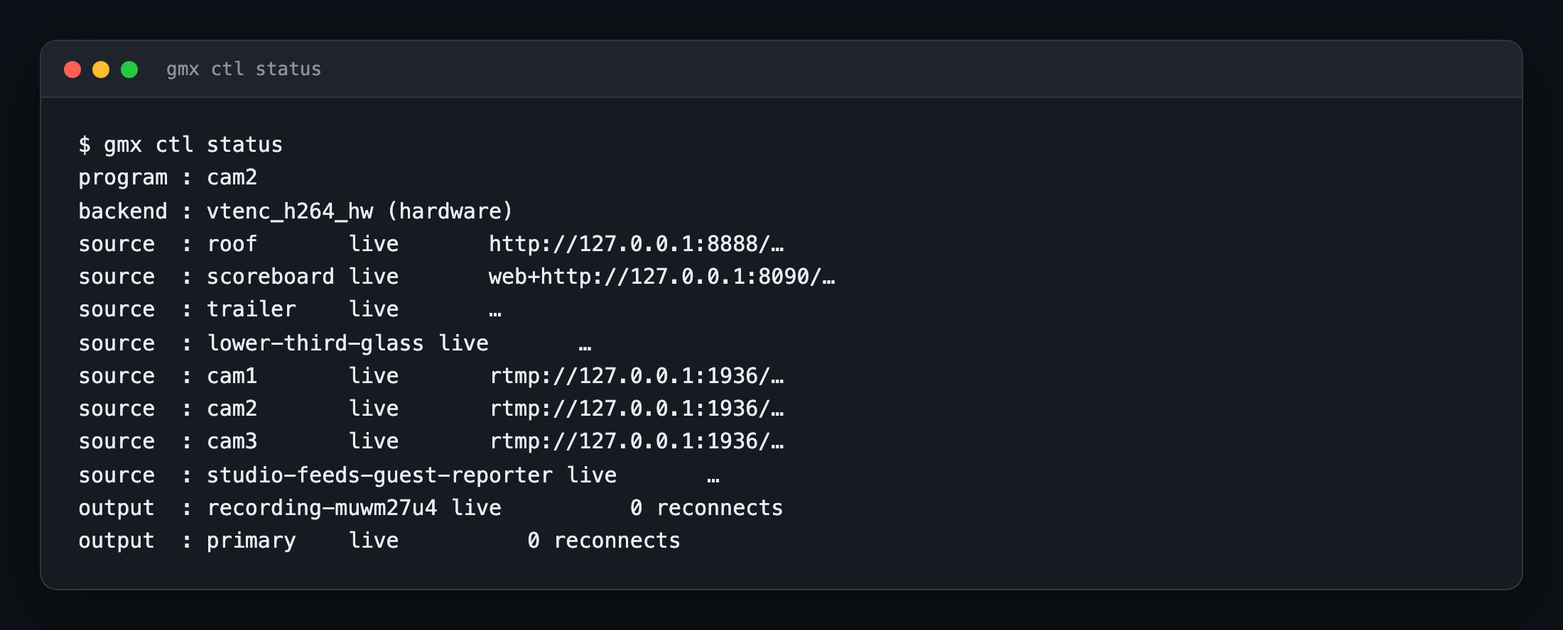 A terminal window listing what is on air, every source as live, and two outputs with no reconnects