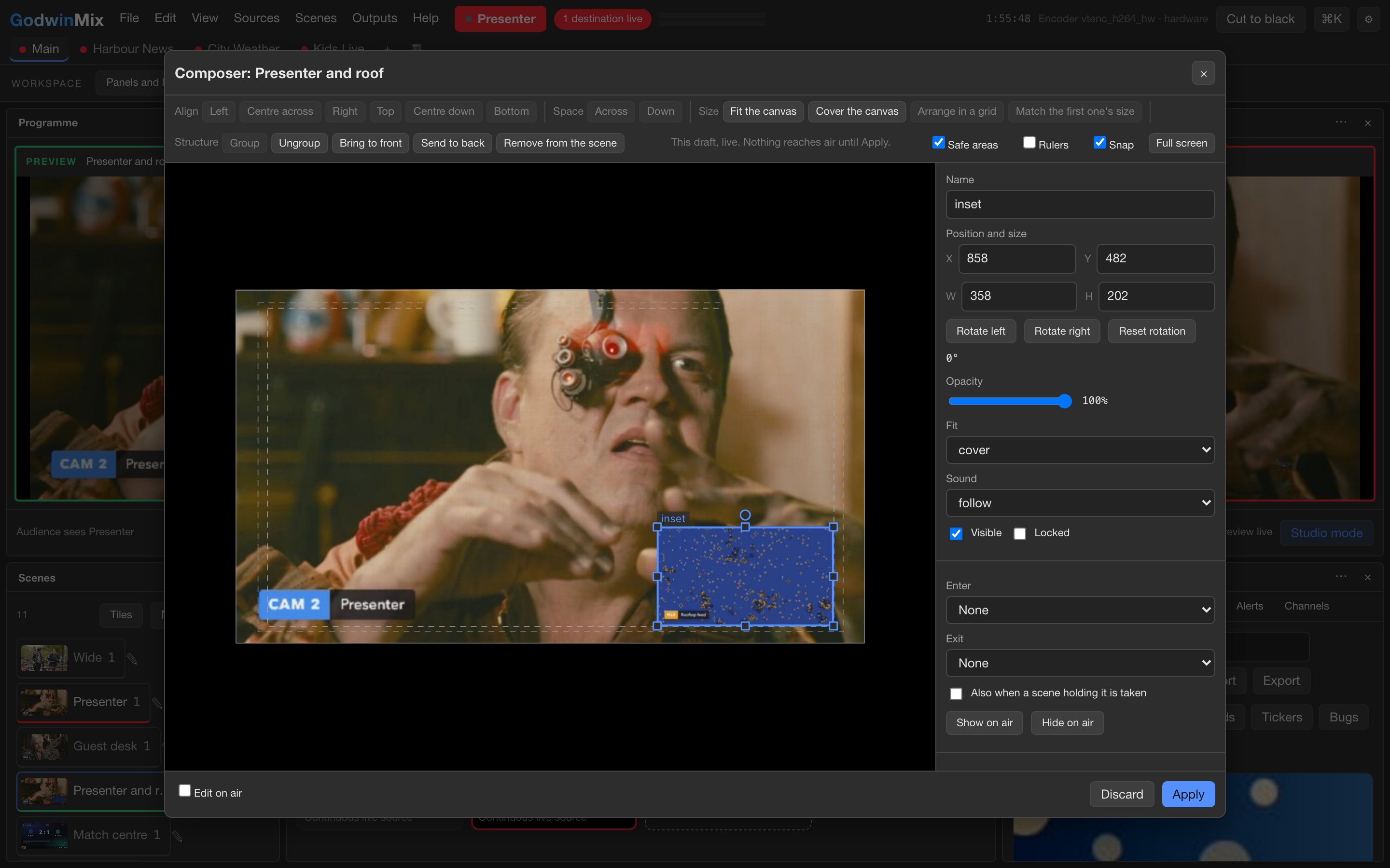 The scene composer with a small picture selected in the corner, handles to resize it, and position, size and opacity settings beside it