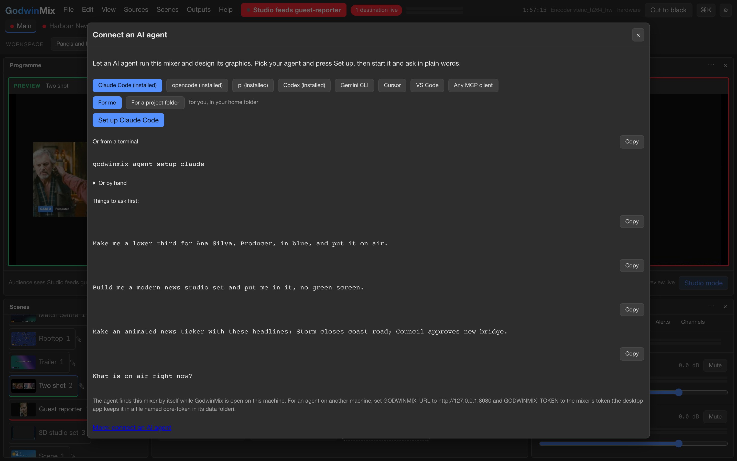 The Connect an AI agent window with buttons for Claude Code, opencode, pi, Codex, Gemini CLI, Cursor and VS Code