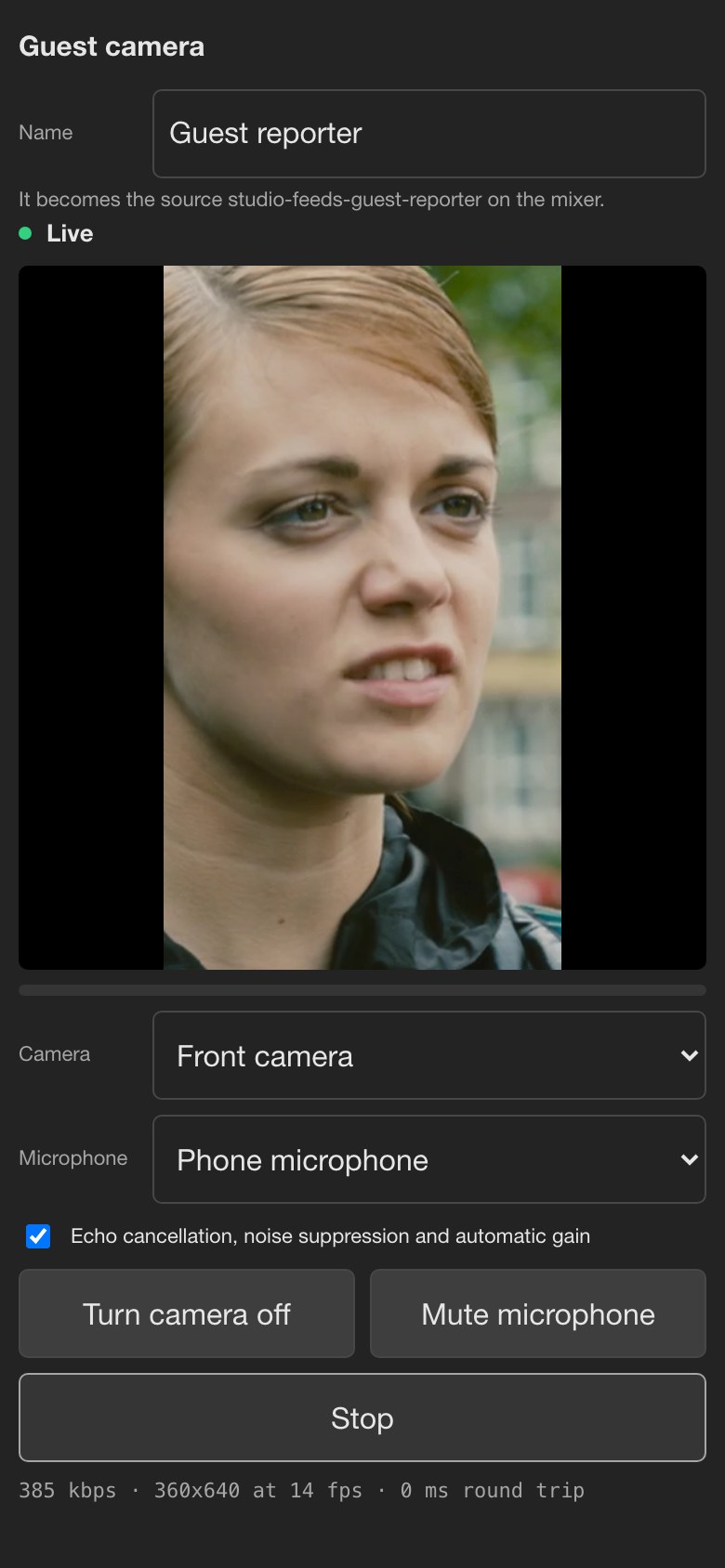 The guest page on a phone, showing Live, the camera picture and a Stop button