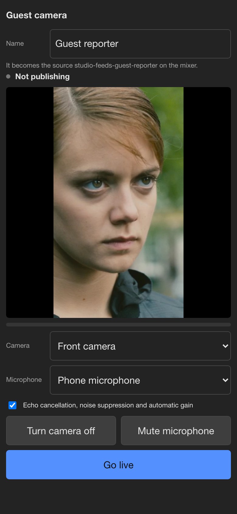 The guest page on a phone with a name box, a camera picture, camera and microphone choices and a Go live button