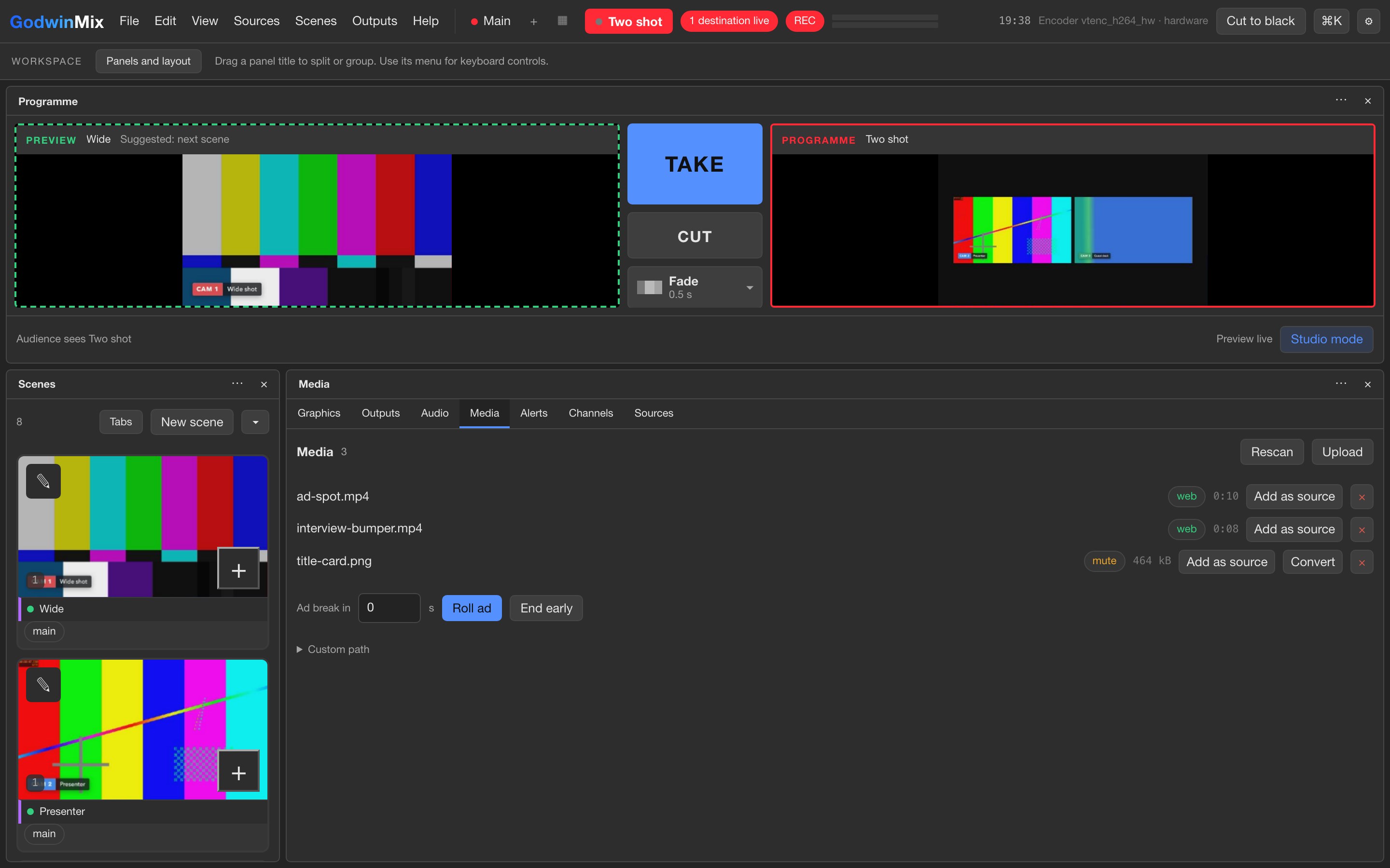 The media panel listing an advert clip, a bumper clip and a title card, with Roll ad and End early buttons