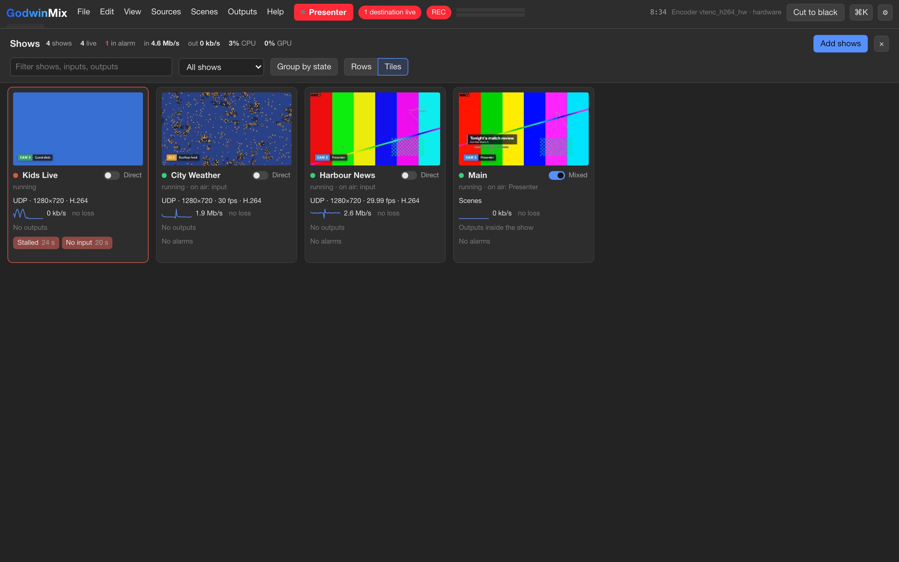 A wall of four shows as tiles, the first edged in red with Stalled 24 s and No input 20 s