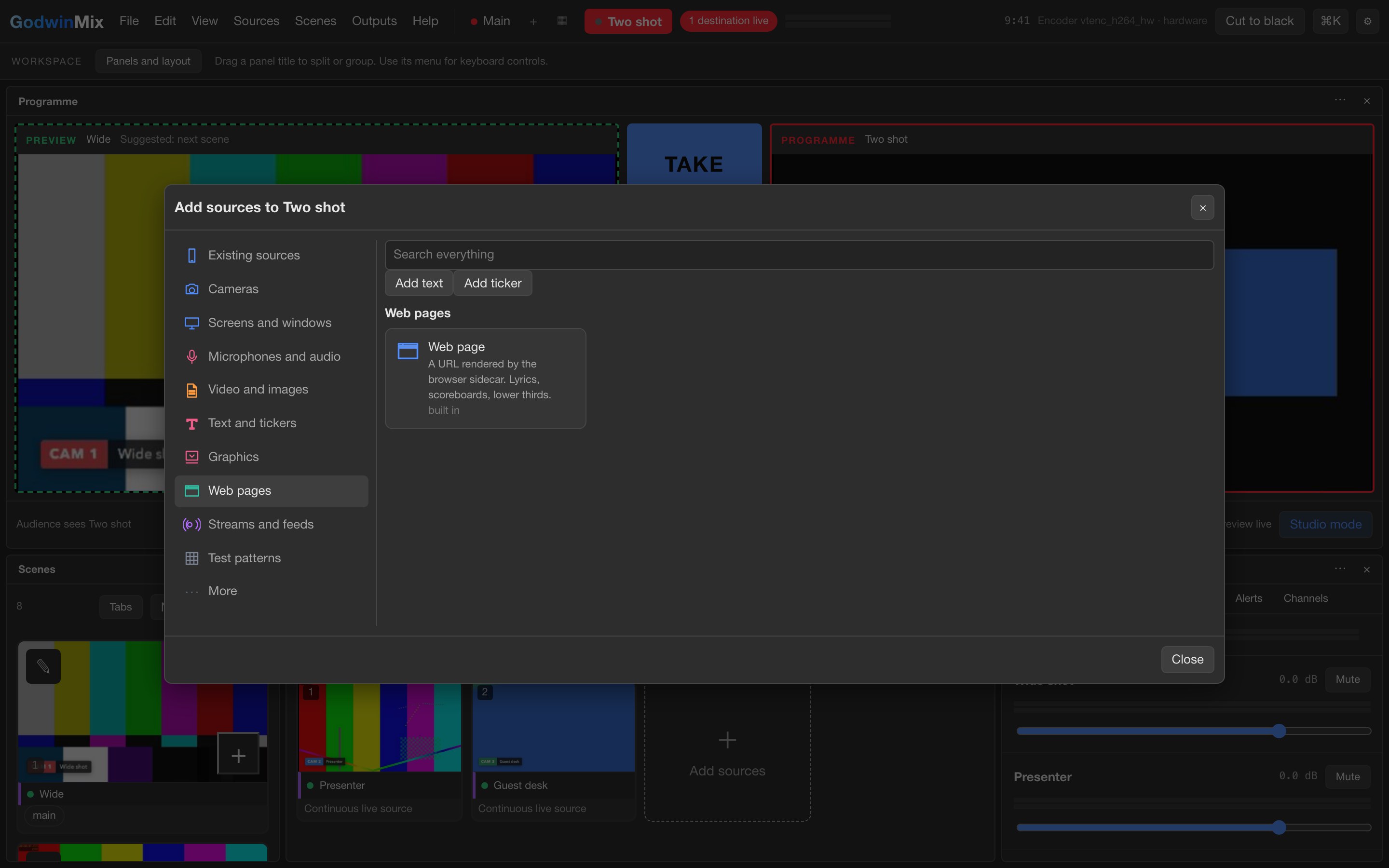 The Add sources window with categories for cameras, screens, microphones, video and images, text, graphics, web pages, streams and test patterns