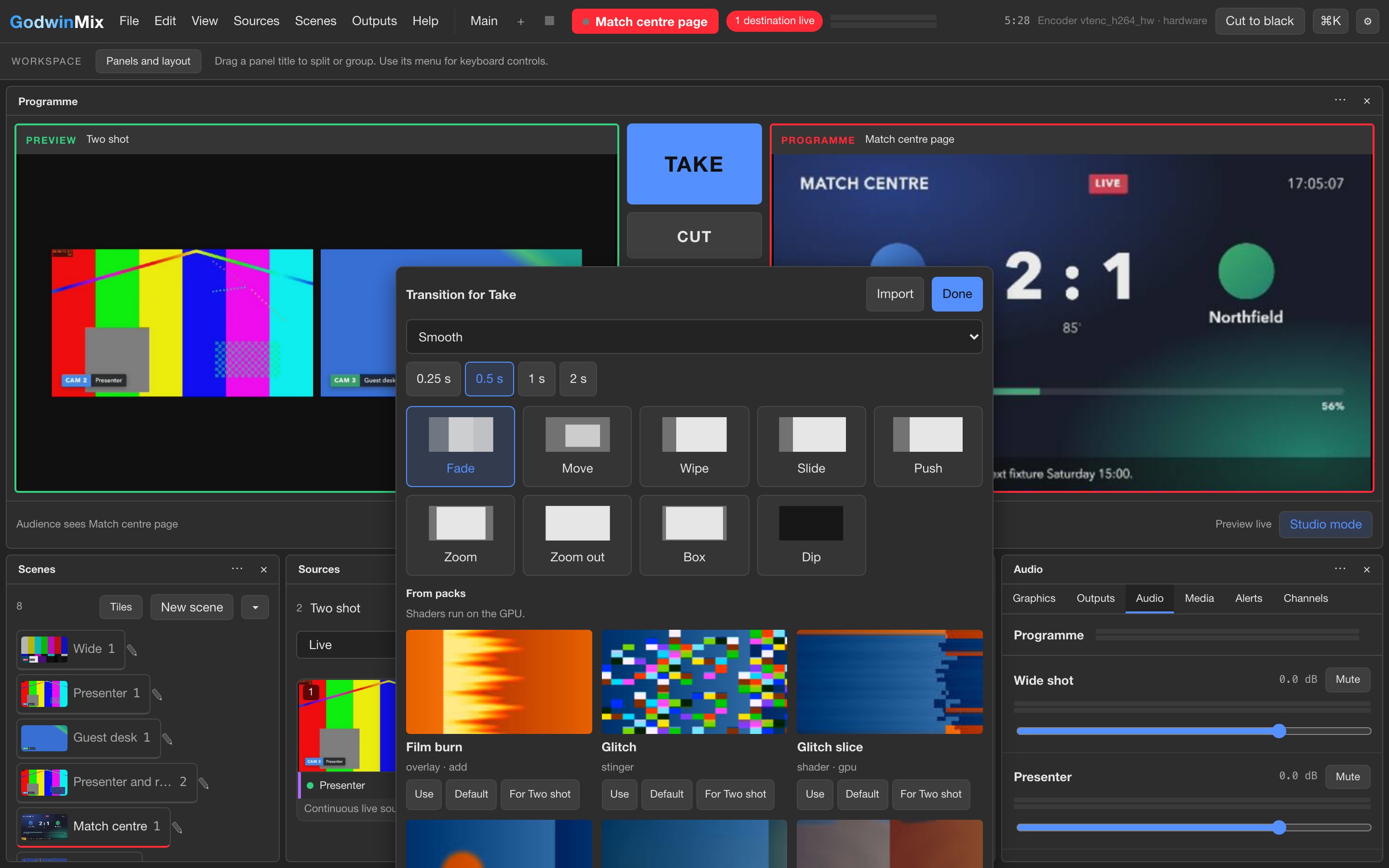 The transition list: fade, move, wipe, slide, push, zoom, zoom out, box and dip, a choice of lengths, and film burn and glitch transitions from packs
