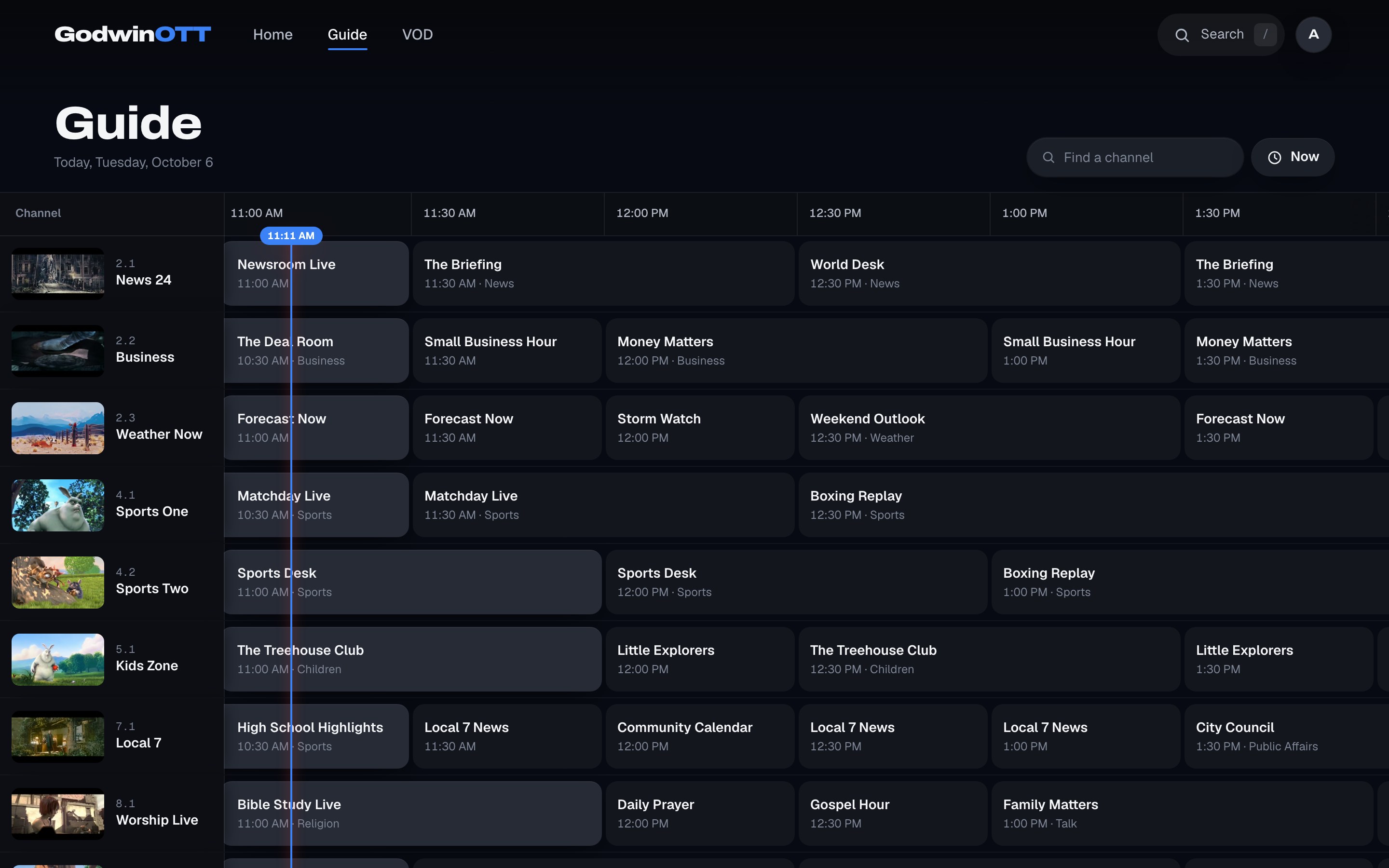The programme guide grid with channels down the left and programmes across half hour slots