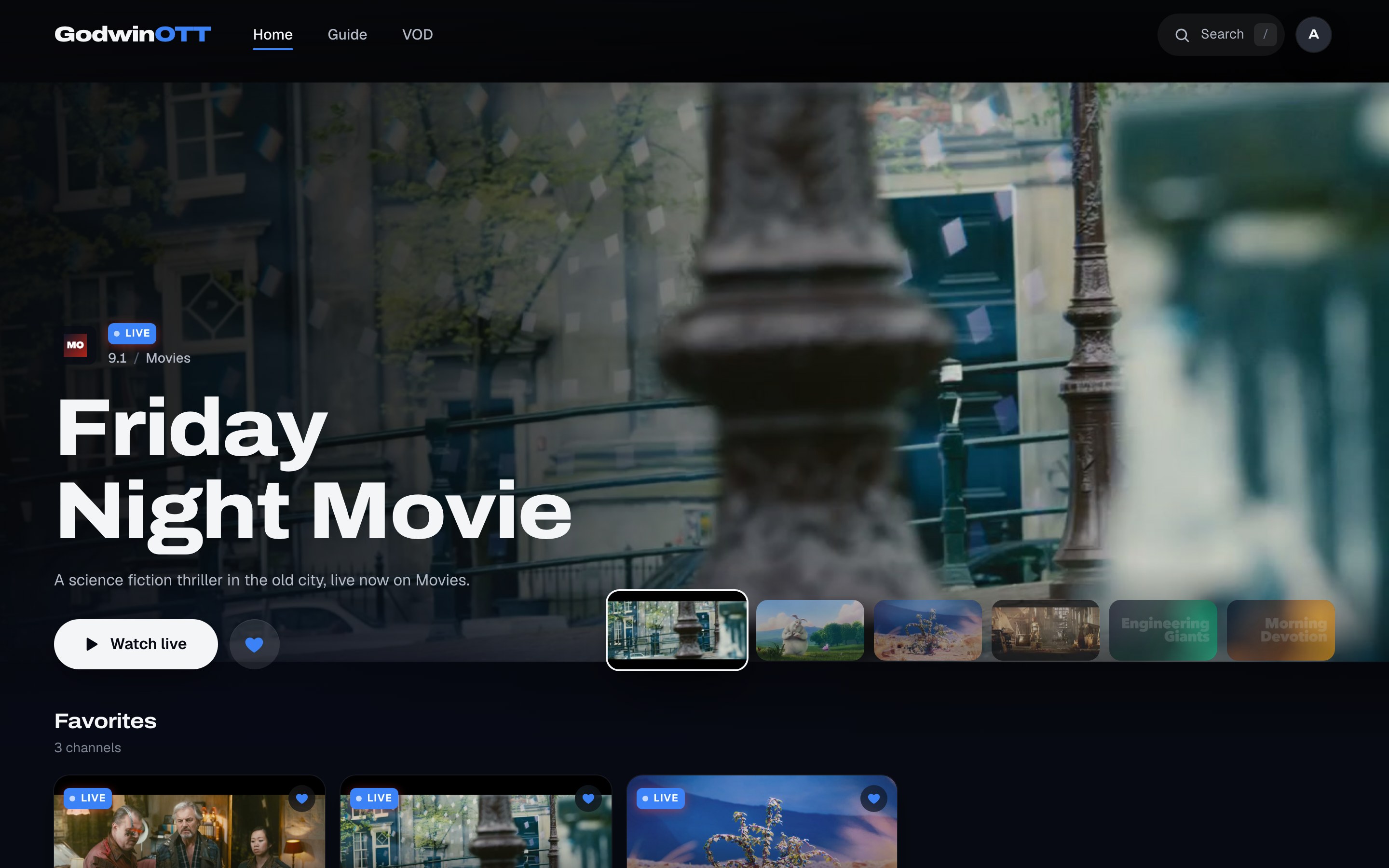The GodwinOTT home page with a featured live channel and a row of favourite channels below