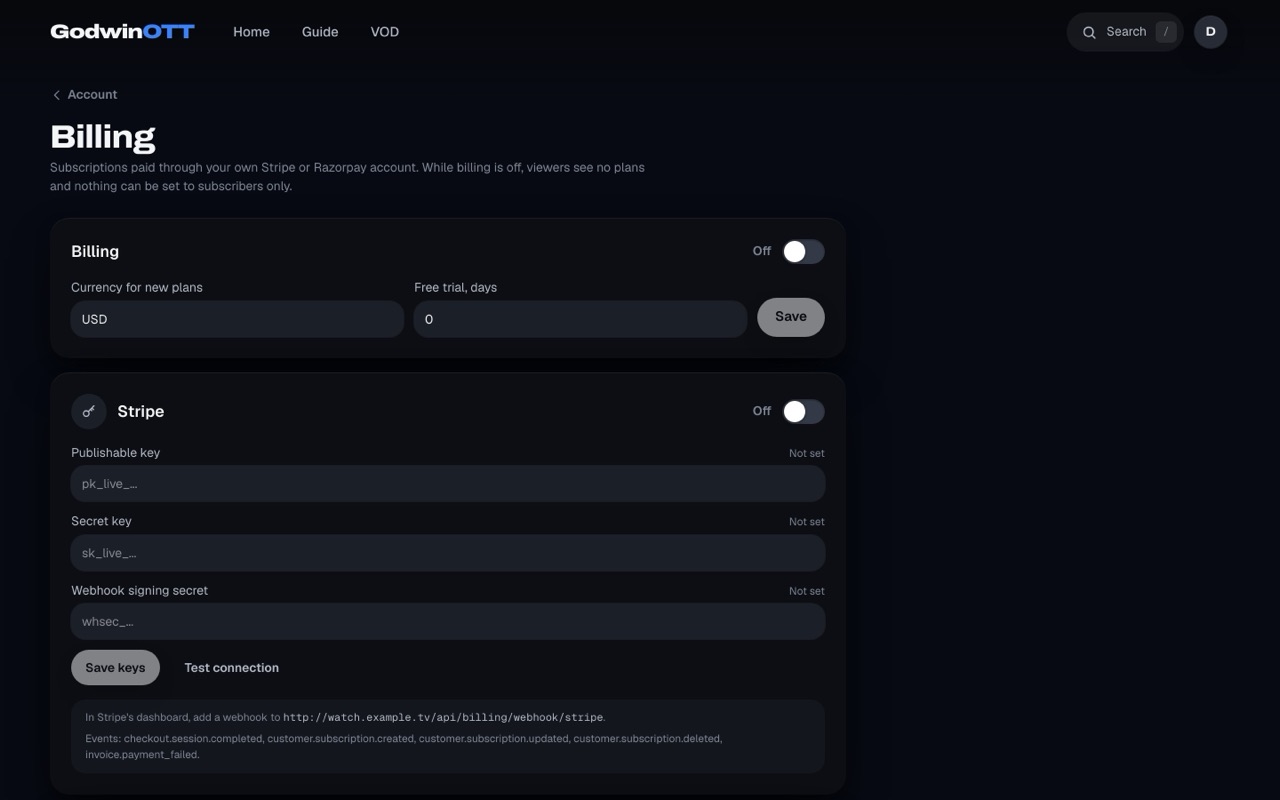 The Billing screen with currency, free trial days and Stripe key fields, switched off