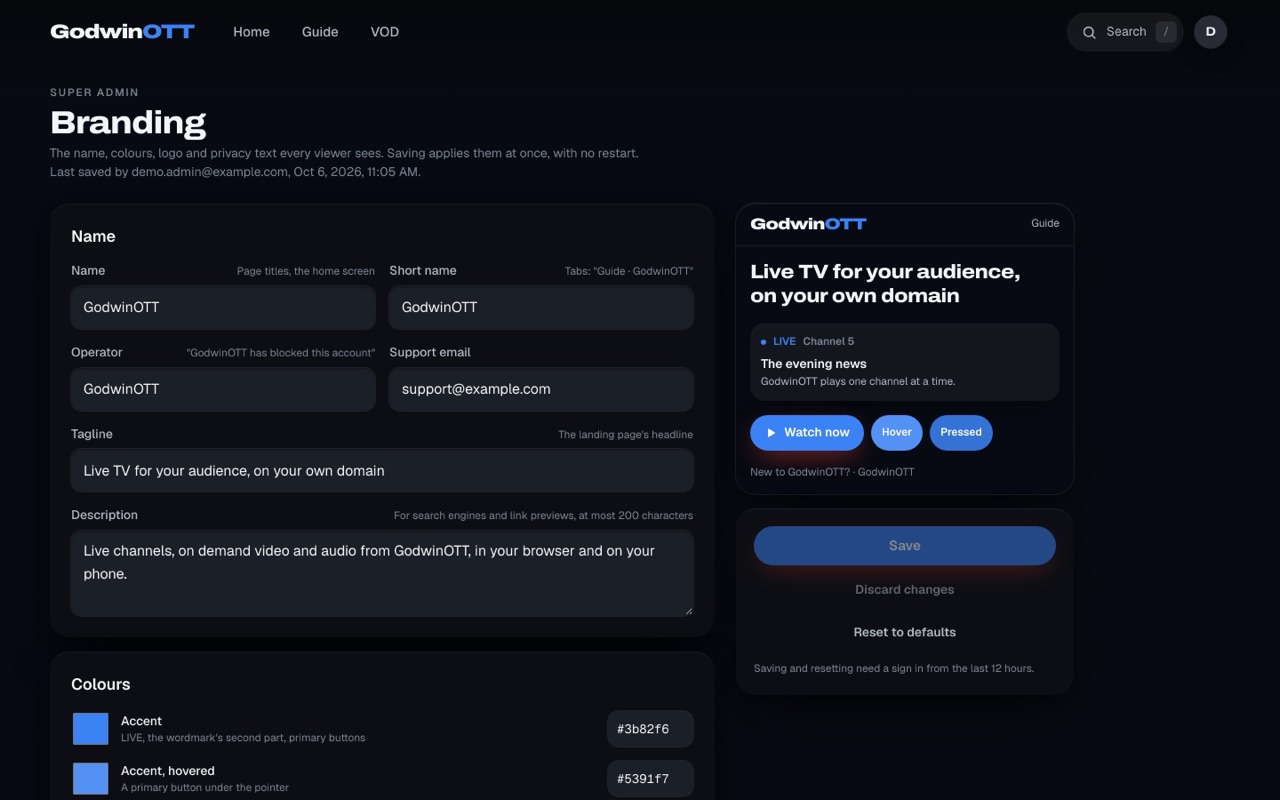 The Branding screen with name and tagline fields and a live preview of the site in its colours