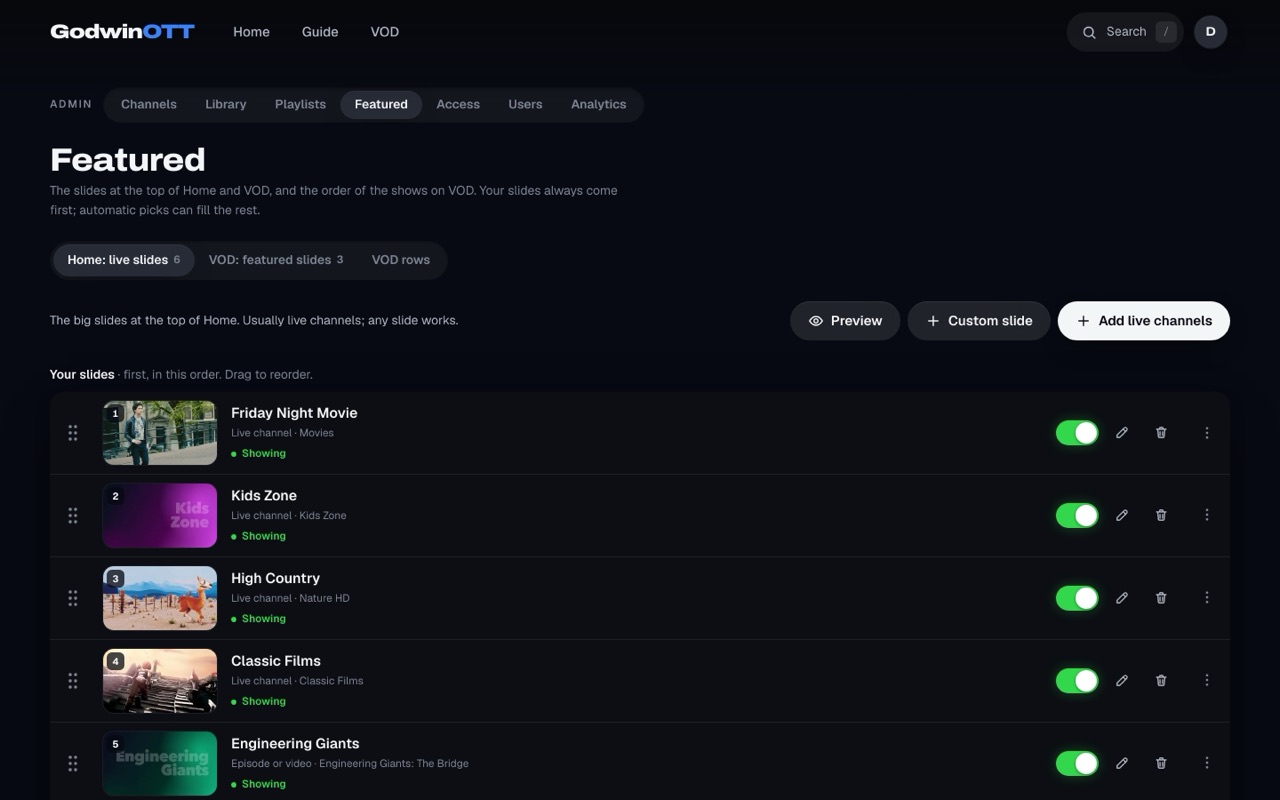 The Featured screen listing five home page slides with on switches and drag handles