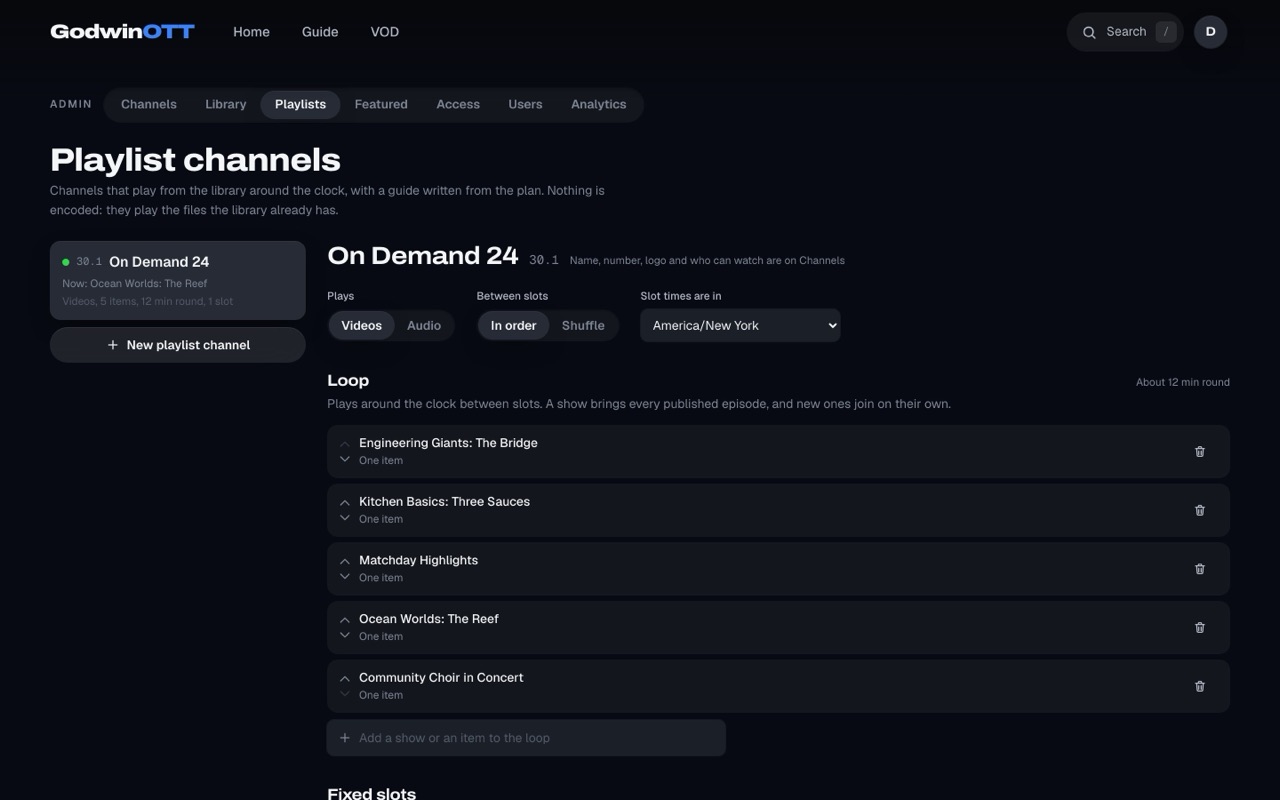 The playlist channel editor for On Demand 24 with five items in a loop