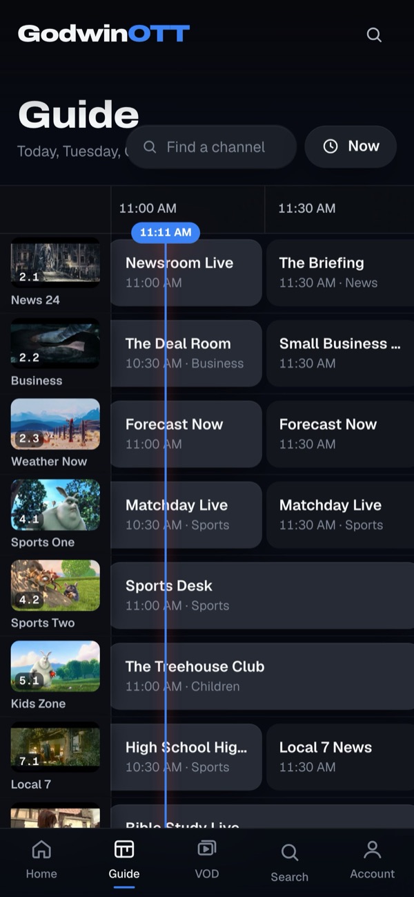 The programme guide at phone size with channel thumbnails on the left and programmes to the right