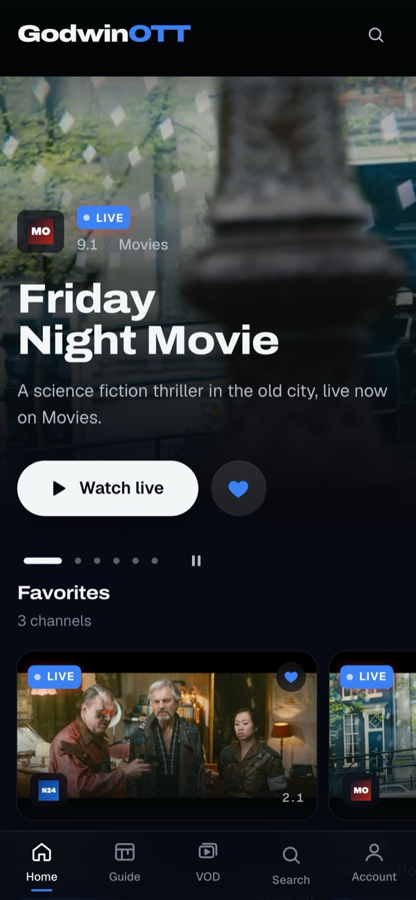 The home page at phone size with the Friday Night Movie slide, a Watch live button and a menu bar along the bottom
