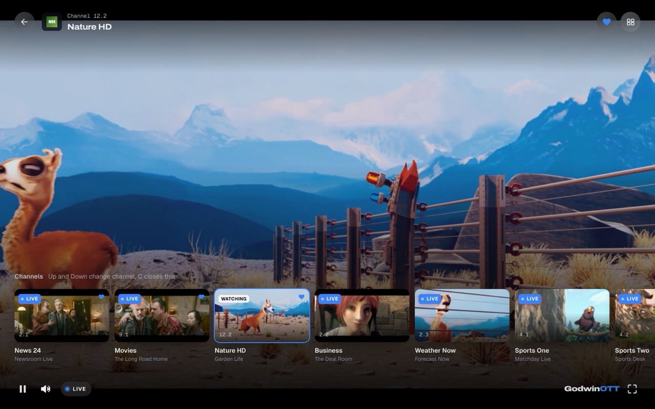 The live player on Nature HD with a row of channel cards along the bottom and the current channel marked Watching