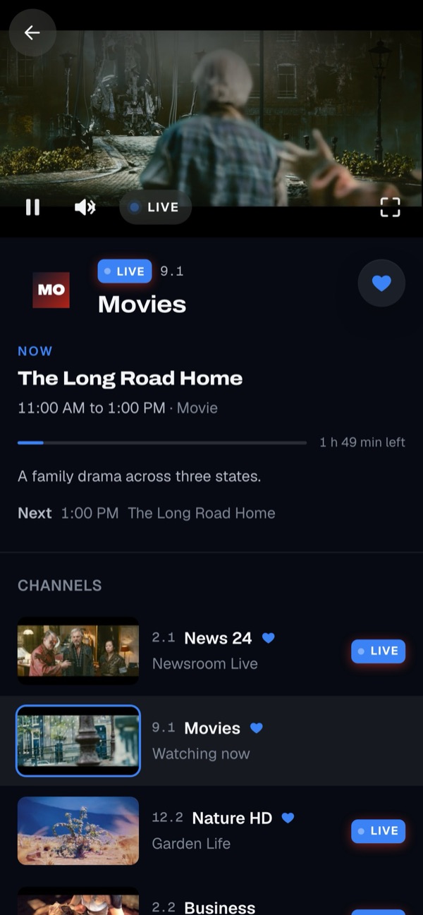 The live player at phone size with the Movies channel playing, Sky Pilots on now and a list of channels below