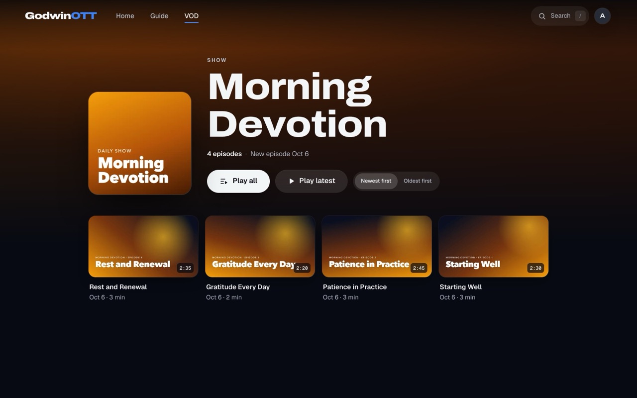 A show page for Morning Devotion with four episode cards and Play all and Play latest buttons